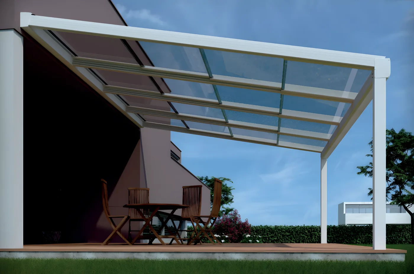 Techo panorámico adosado a la fachada cubriendo una terraza con jardín