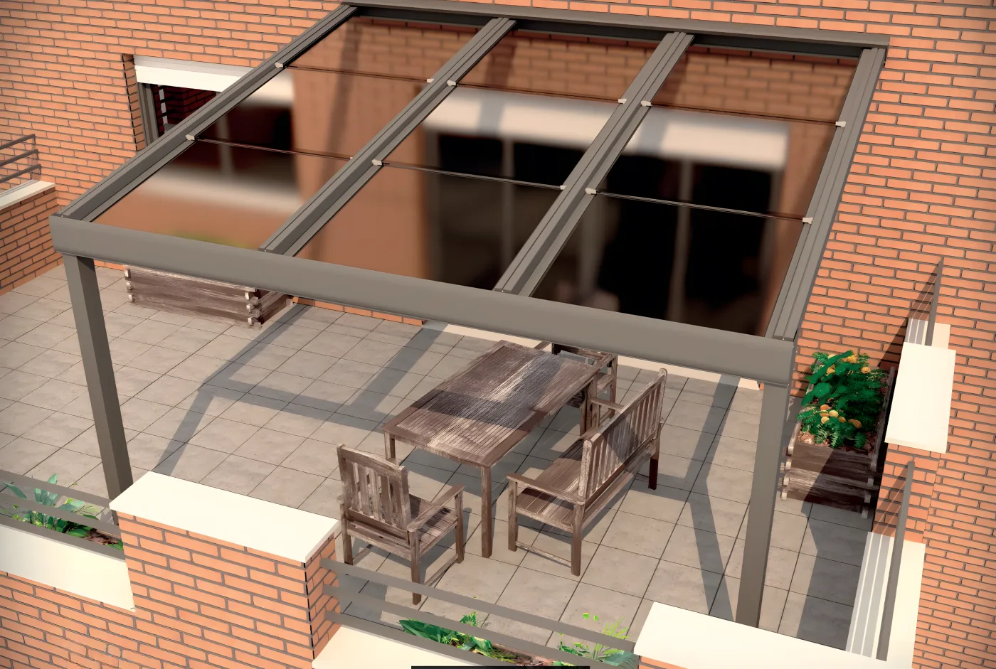 Techo panorámico de cristal con perfilería antracita en un patio