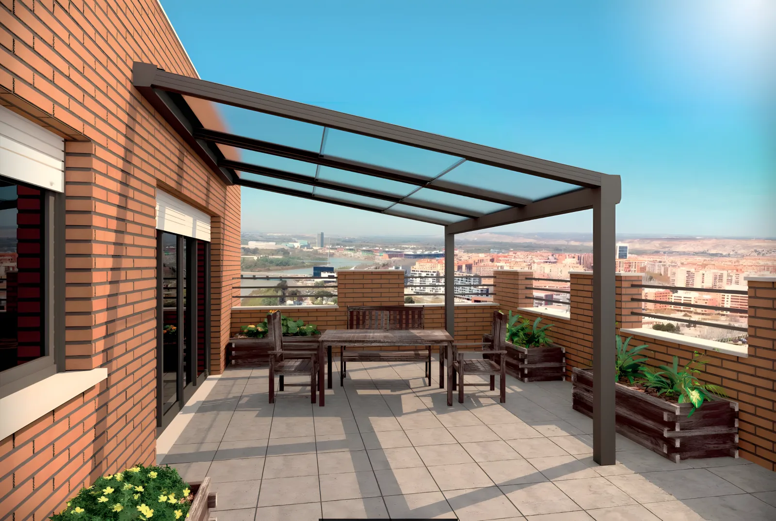 Techo panorámico de cristal con perfilería antracita sobre la terraza de un ático