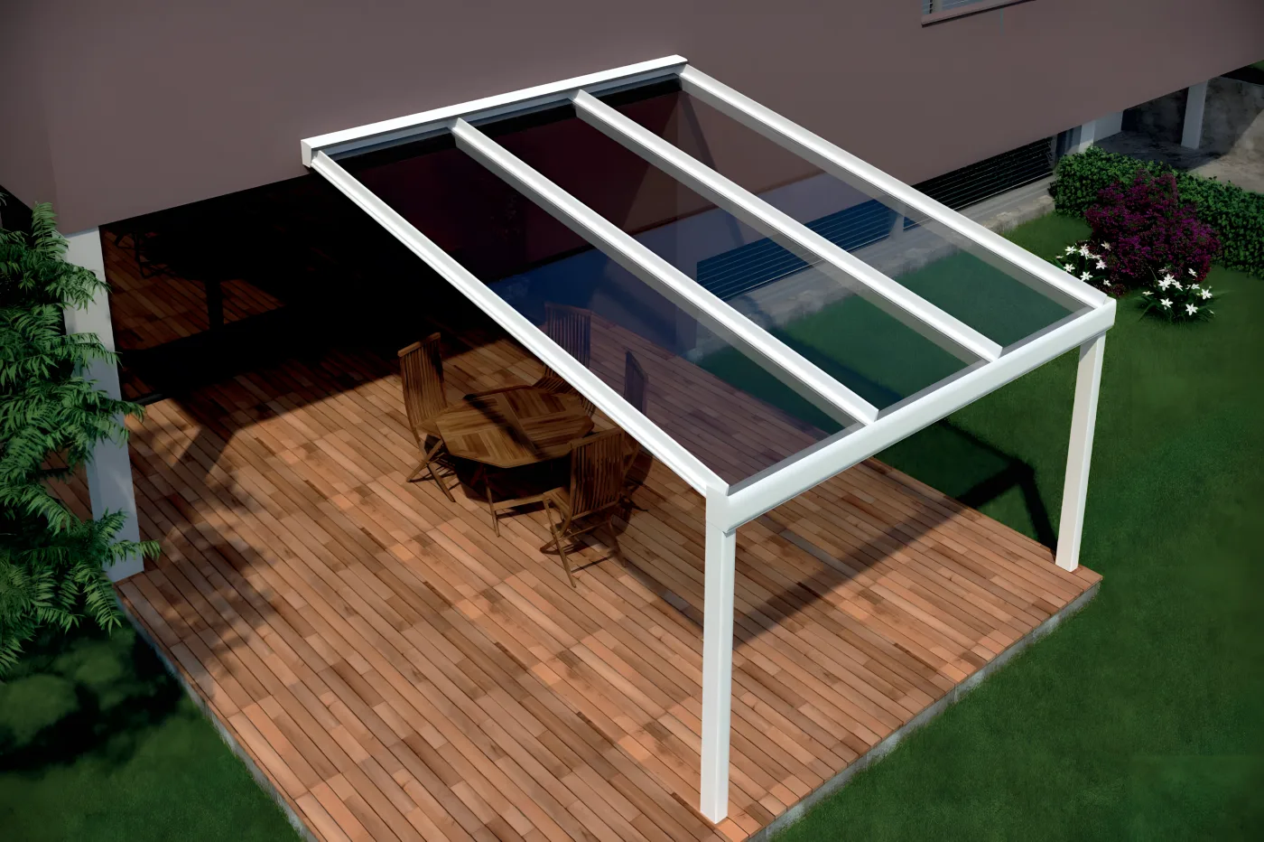 Techo panorámico Tecnikor con estructura blanca sobre una terraza con jardín