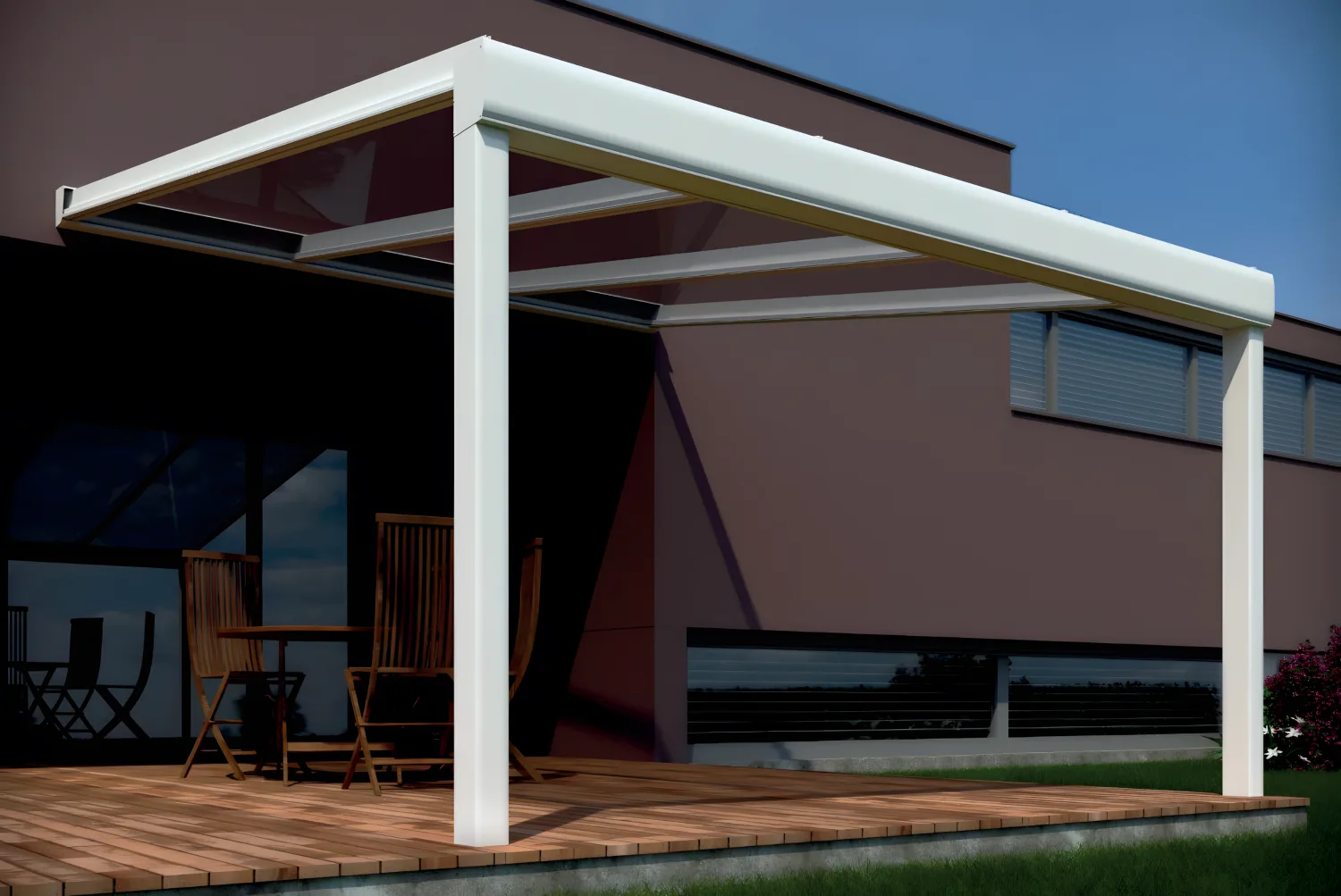 Techo panorámico de cristal con estructura blanca de diseño moderno