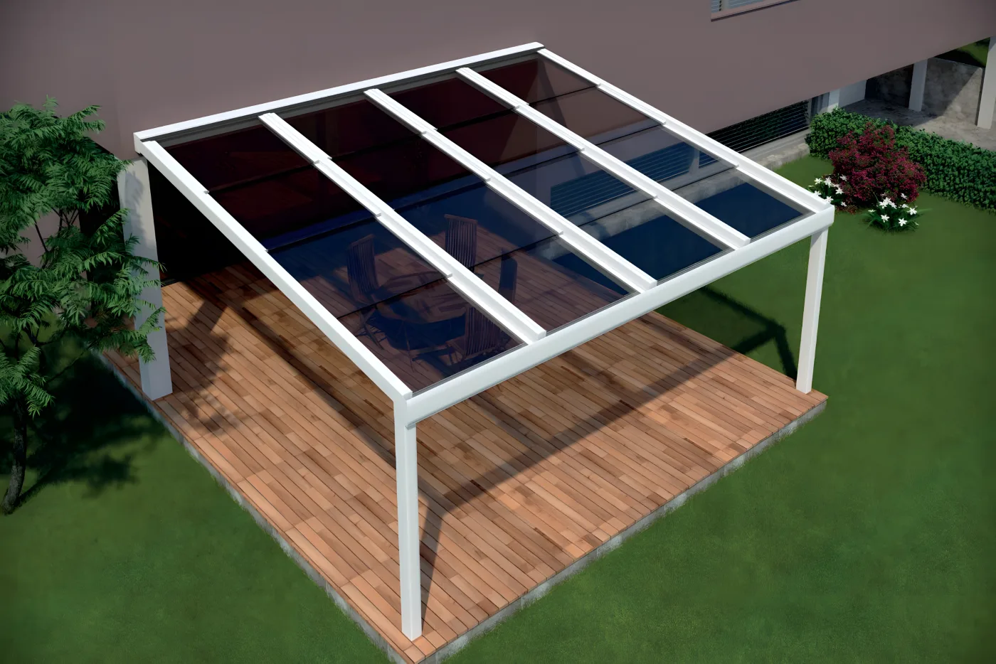 Techo panorámico con vidrio oscuro de control solar sobre una terraza